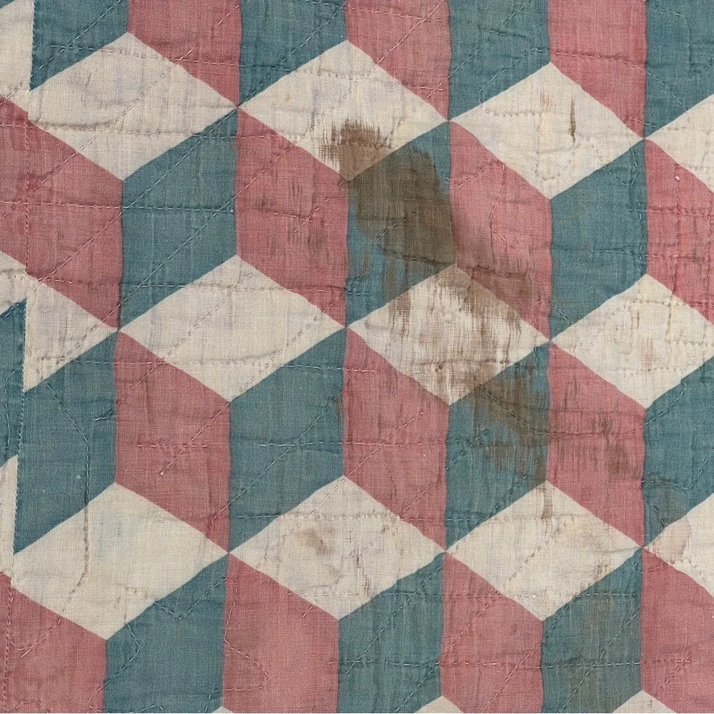 Antique 1880-1910, Reversible Quilt, Churn Dash & Tumbling Blocks. 74x78”. TVR